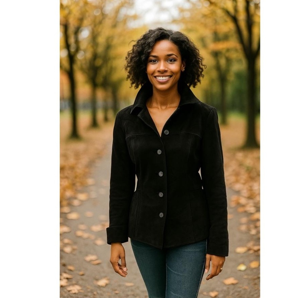 Lord Taylor Black Suede Button Up Collared Long Sleeve Jacket Large